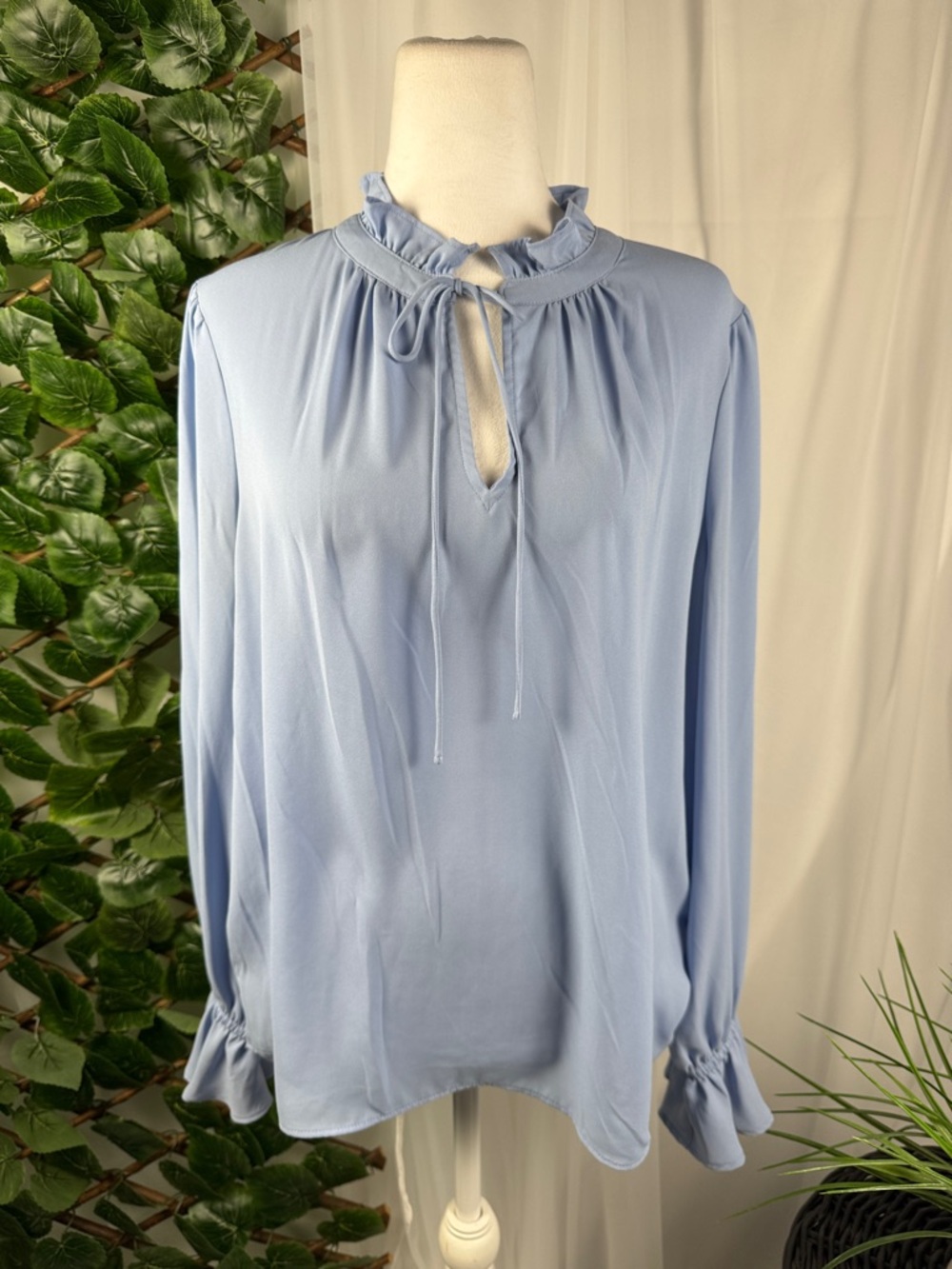 J. Crew Sky Blue Ruffle-Tie Keyhole Blouse